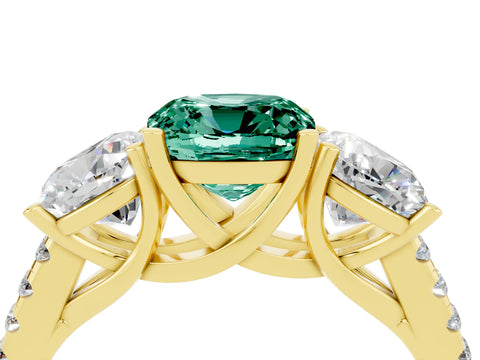 Yellow gold Three-Stone Cushion Cut Green Sapphire Ring with Pavé Band and Prong Setting_16