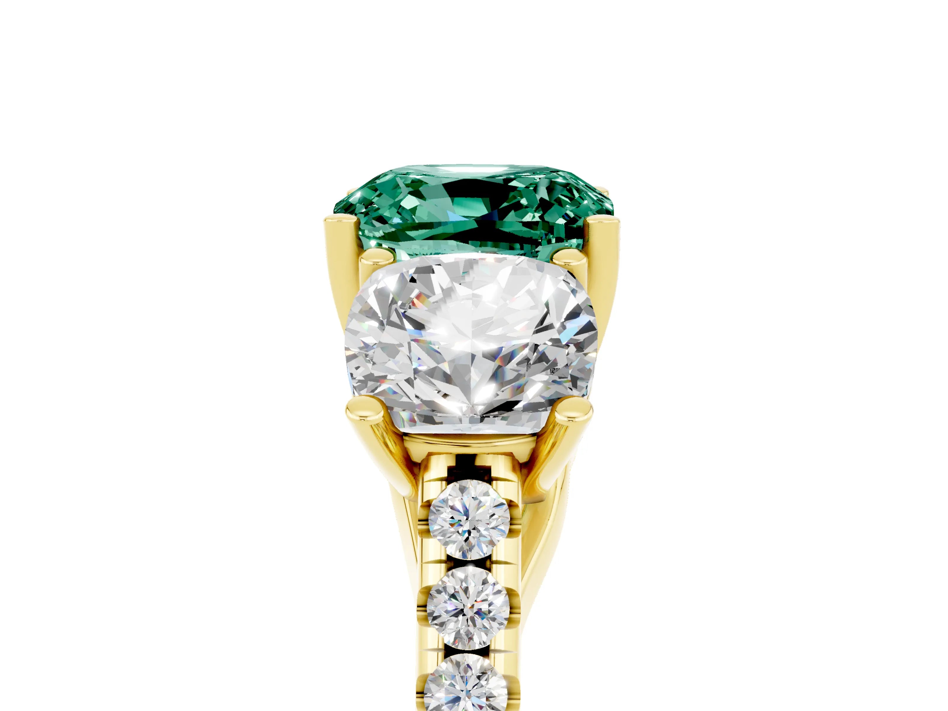 Yellow gold Three-Stone Cushion Cut Green Sapphire Ring with Pavé Band and Prong Setting_17