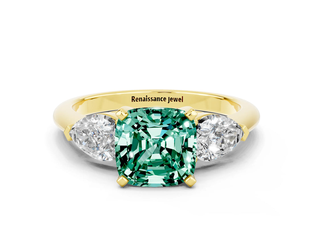 Yellow gold Three-Stone Cushion Cut Green Sapphire Ring with Pear Side Stones and Four-Prong Setting