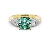 Yellow gold Three-Stone Cushion Cut Green Sapphire Ring with Pear Side Stones and Four-Prong Setting