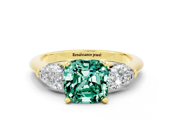 Yellow gold Three-Stone Cushion Cut Green Sapphire Ring with Pear Side Stones and Four-Prong Setting