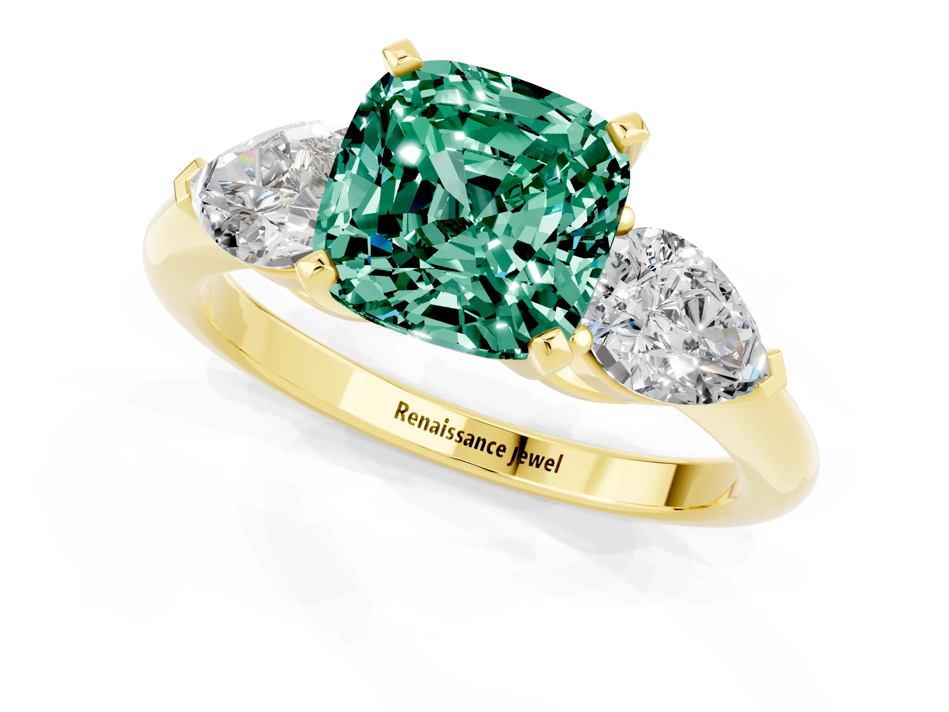 Yellow gold Three-Stone Cushion Cut Green Sapphire Ring with Pear Side Stones and Four-Prong Setting_1
