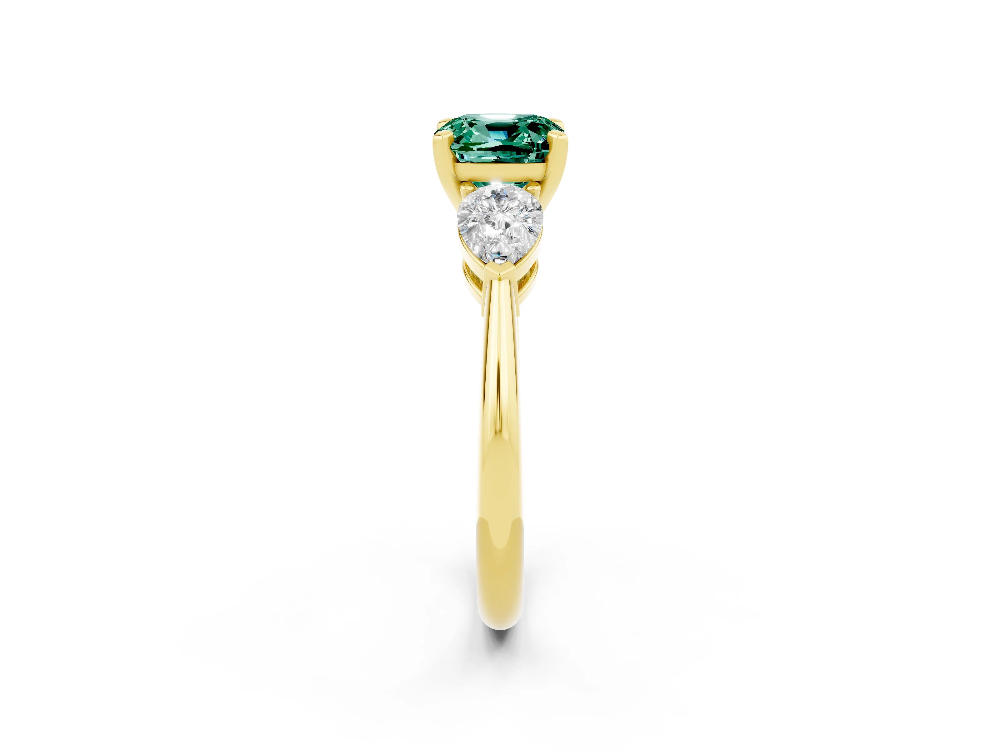 Yellow gold Three-Stone Cushion Cut Green Sapphire Ring with Pear Side Stones and Four-Prong Setting_2