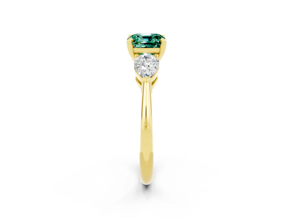 Yellow gold Three-Stone Cushion Cut Green Sapphire Ring with Pear Side Stones and Four-Prong Setting