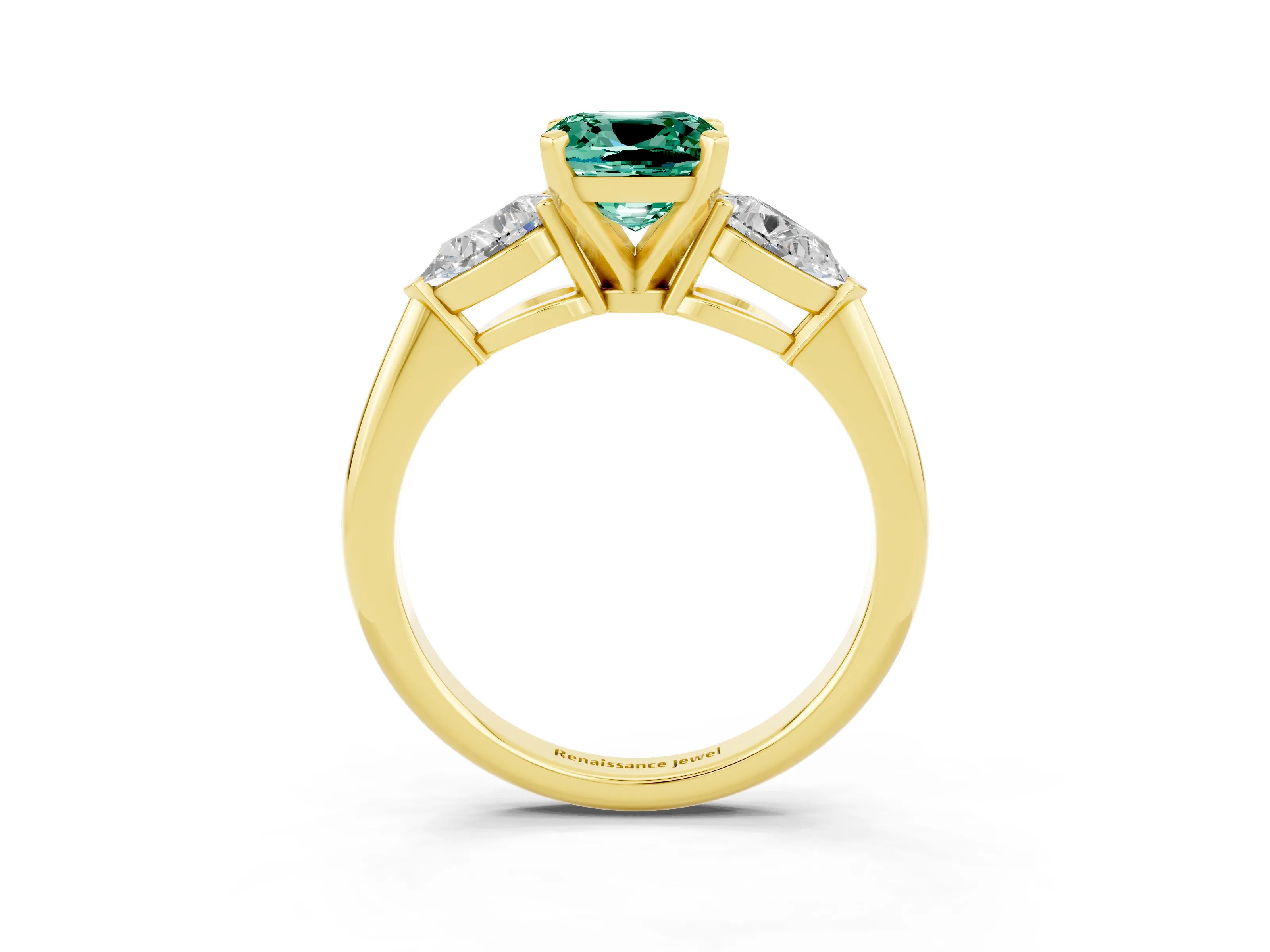 Yellow gold Three-Stone Cushion Cut Green Sapphire Ring with Pear Side Stones and Four-Prong Setting_3