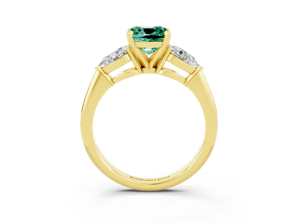 Yellow gold Three-Stone Cushion Cut Green Sapphire Ring with Pear Side Stones and Four-Prong Setting