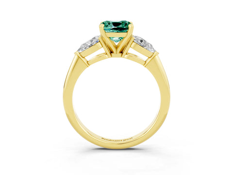 Yellow gold Three-Stone Cushion Cut Green Sapphire Ring with Pear Side Stones and Four-Prong Setting_3