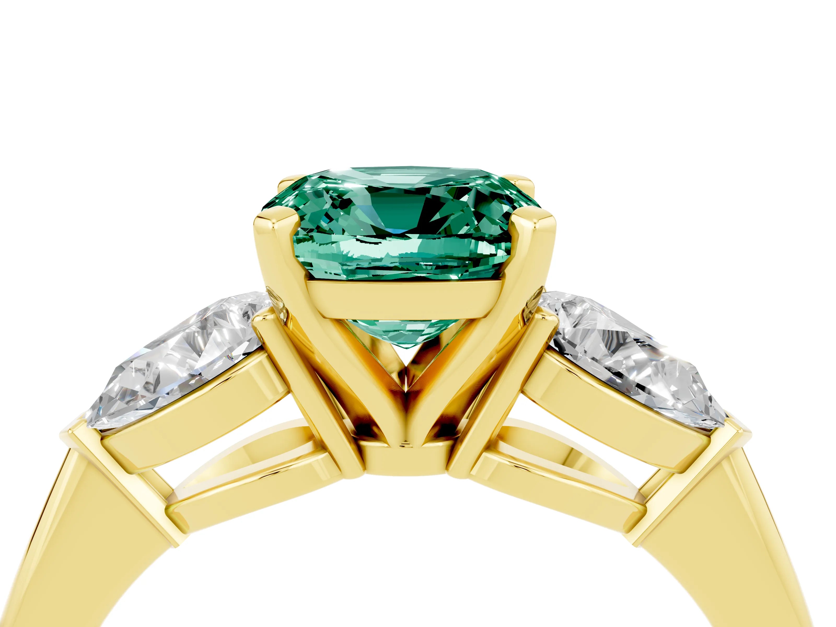 Yellow gold Three-Stone Cushion Cut Green Sapphire Ring with Pear Side Stones and Four-Prong Setting_4