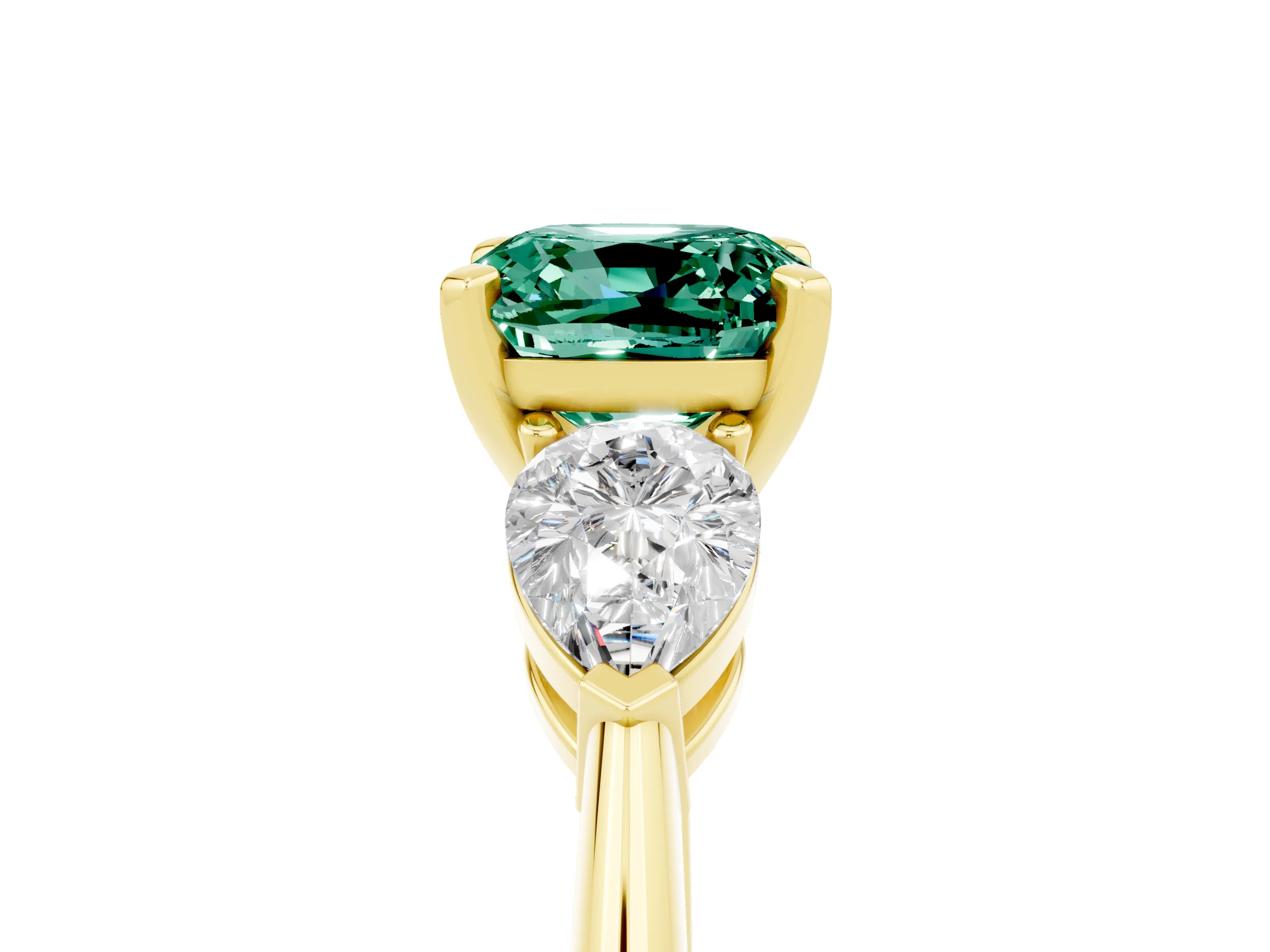 Yellow gold Three-Stone Cushion Cut Green Sapphire Ring with Pear Side Stones and Four-Prong Setting_5