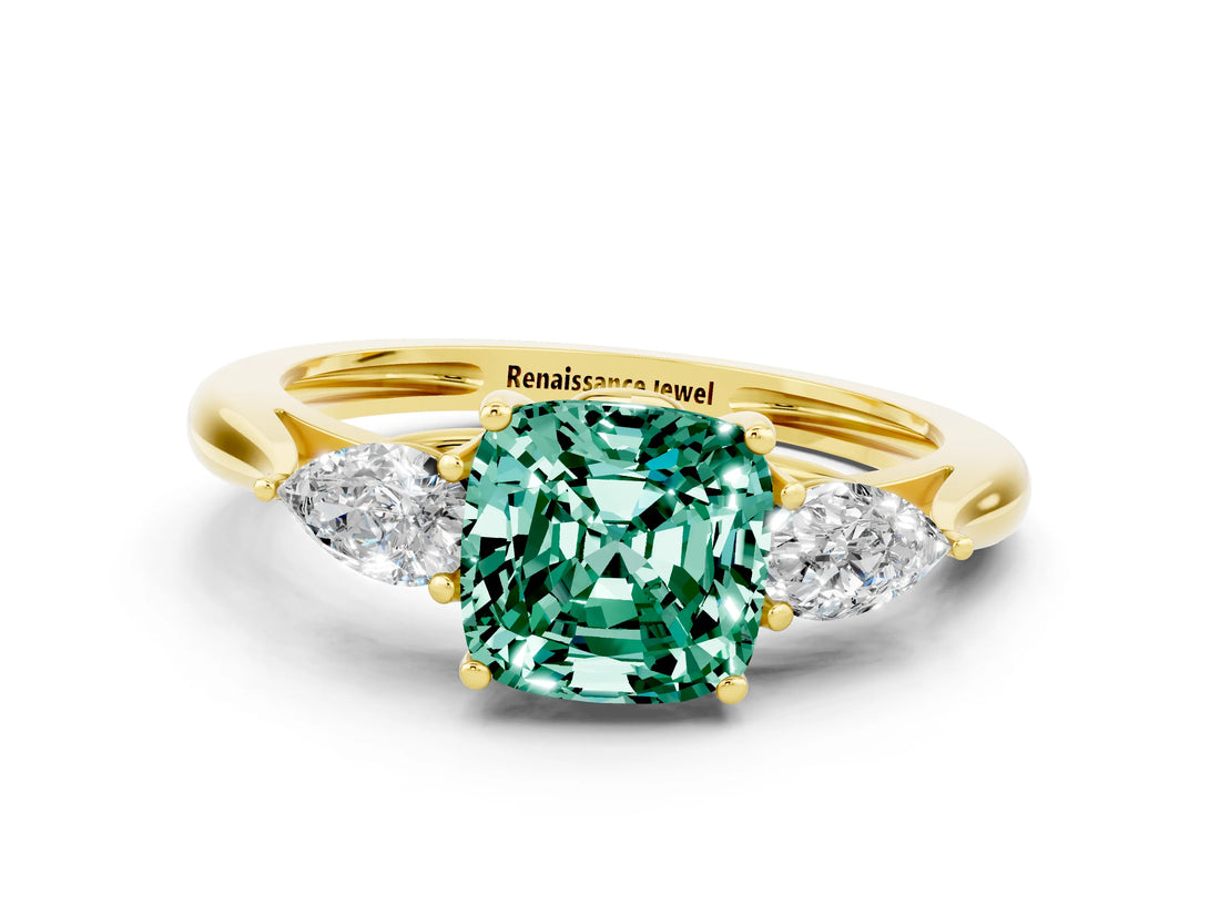 Yellow gold Three-Stone Cushion Cut Green Sapphire Ring with Pear  Side Stones in Four-Prong Setting_12
