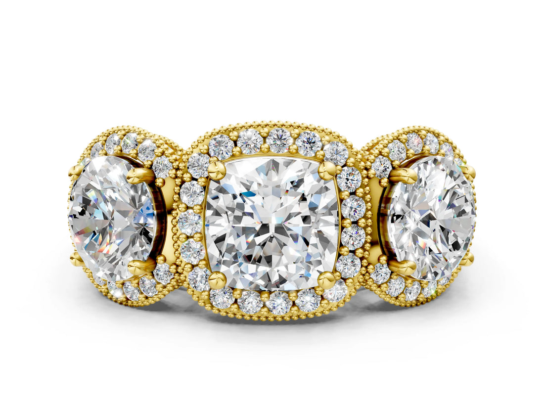 Yellow gold Three-Stone Cushion Cut Halo Diamond Milgrain Band with Four-Prong Setting_3