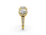 Yellow gold Three-Stone Cushion Cut Halo Diamond Milgrain Band with Four-Prong Setting_5