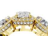 Yellow gold Three-Stone Cushion Cut Halo Diamond Milgrain Band with Four-Prong Setting_7