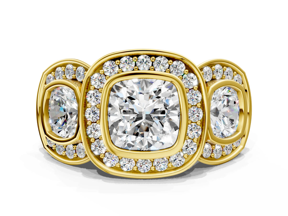 Yellow gold Three-Stone Cushion Cut Halo Pavé Diamond Ring_3
