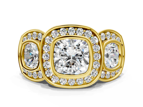 Yellow Gold Cushion Cut Bezel Three Stone Halo Engagement Ring Setting with Pave Shoulders