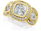 Yellow gold Three-Stone Cushion Cut Halo Pavé Diamond Ring_4