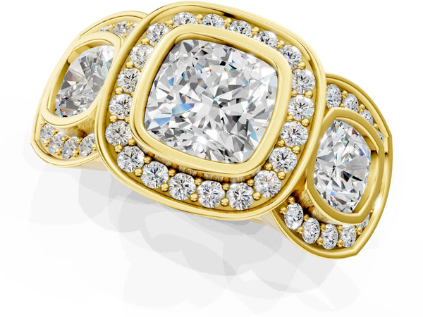 Yellow Gold Cushion Cut Bezel Three Stone Halo Engagement Ring Setting with Pave Shoulders
