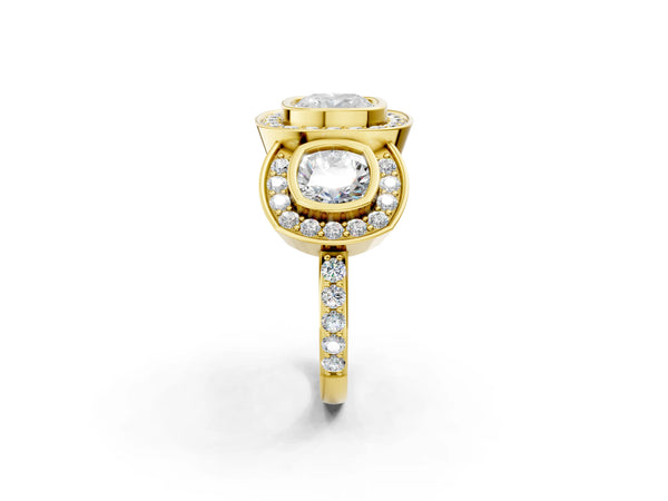 Yellow Gold Cushion Cut Bezel Three Stone Halo Engagement Ring Setting with Pave Shoulders