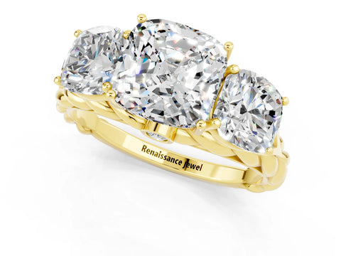 Yellow gold Three-Stone Cushion Cut Moissanite Braided Band Ring with Four-Prong Setting_13