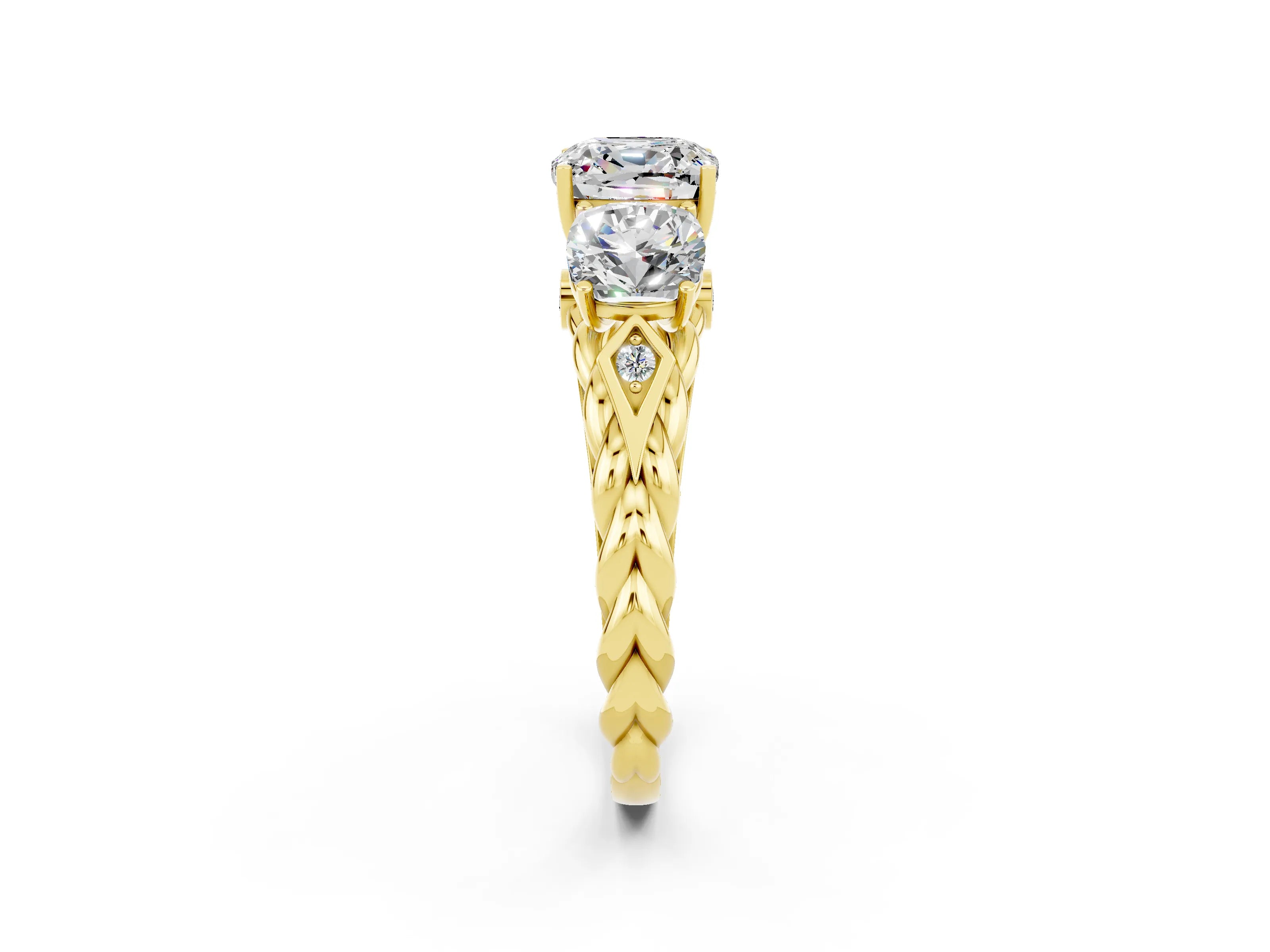 Yellow gold Three-Stone Cushion Cut Moissanite Braided Band Ring with Four-Prong Setting_14