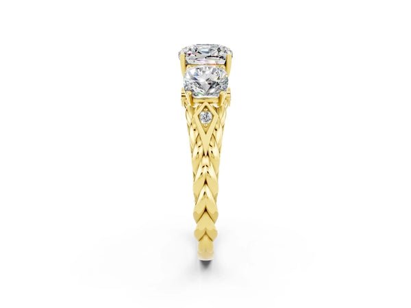 Yellow gold Three-Stone Cushion Cut Moissanite Braided Band Ring with Four-Prong Setting