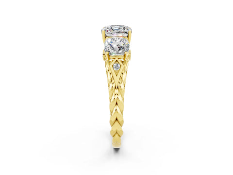 Yellow gold Three-Stone Cushion Cut Moissanite Braided Band Ring with Four-Prong Setting_14