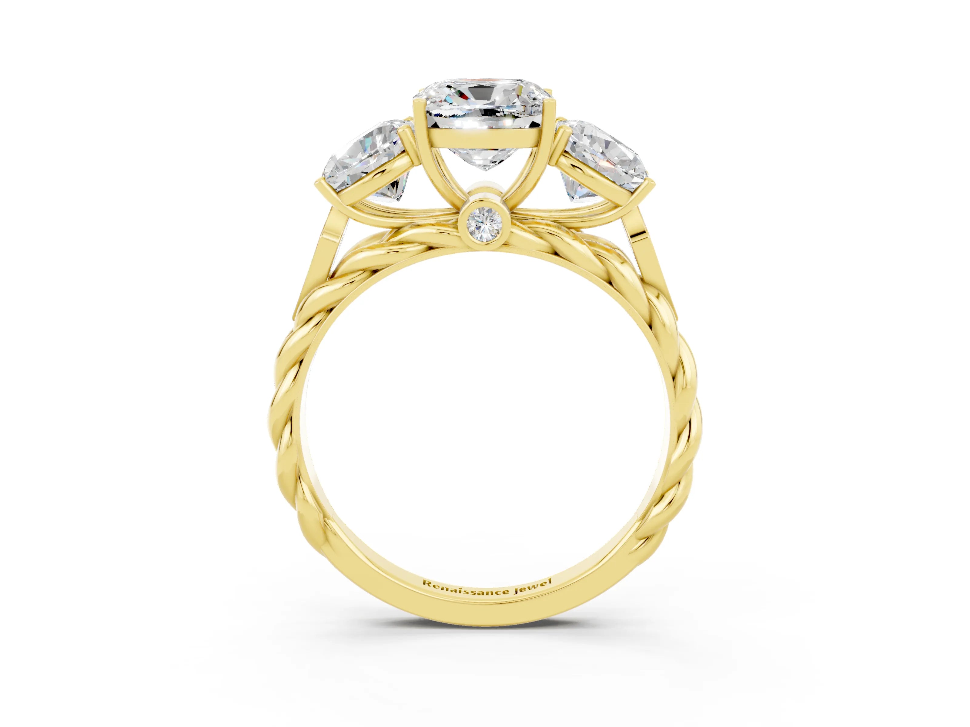 Yellow gold Three-Stone Cushion Cut Moissanite Braided Band Ring with Four-Prong Setting_15