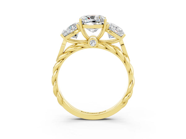 Yellow gold Three-Stone Cushion Cut Moissanite Braided Band Ring with Four-Prong Setting