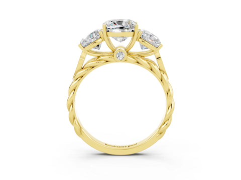 Yellow gold Three-Stone Cushion Cut Moissanite Braided Band Ring with Four-Prong Setting_15