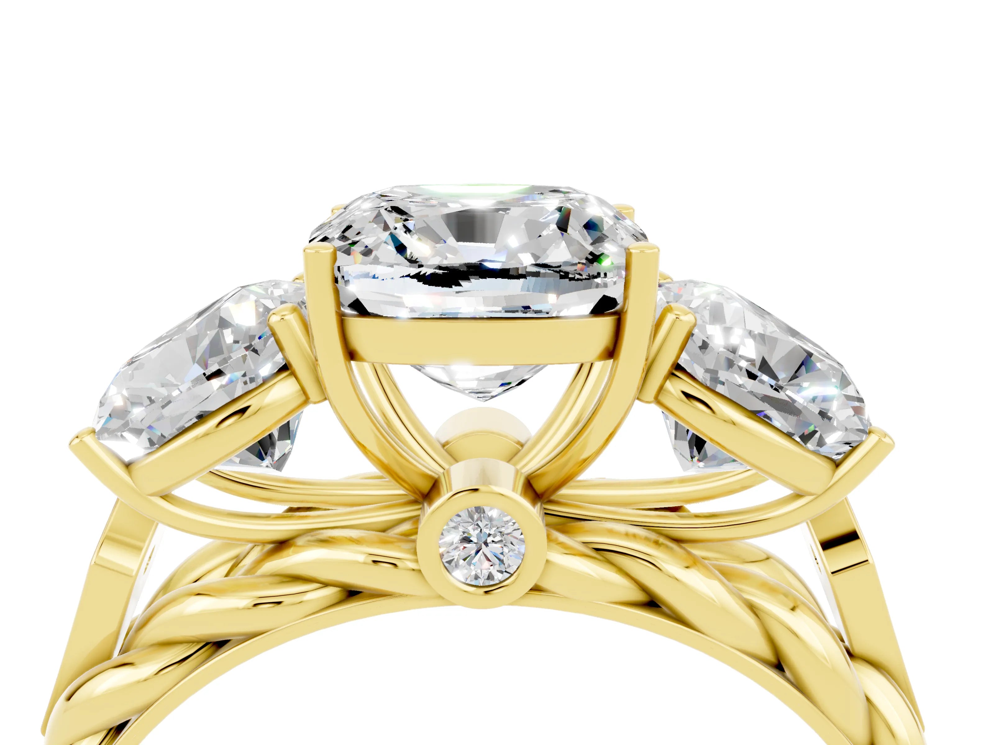 Yellow gold Three-Stone Cushion Cut Moissanite Braided Band Ring with Four-Prong Setting_16