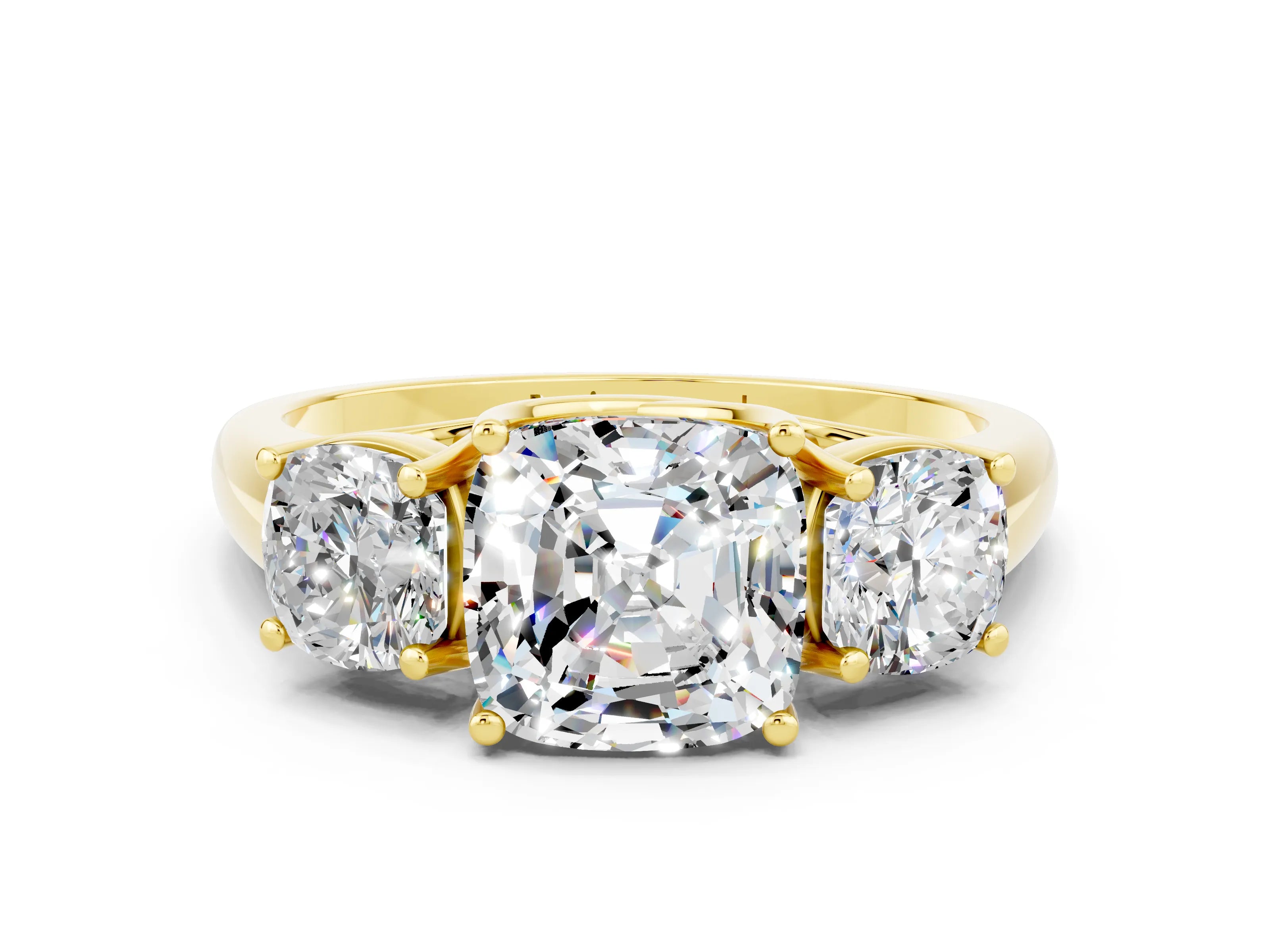 Yellow gold Three-Stone Cushion Cut Moissanite Engagement Ring with Prong Setting
