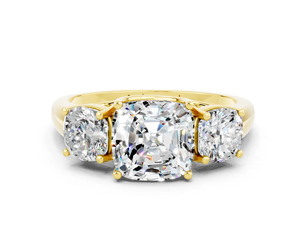 Yellow gold Three-Stone Cushion Cut Moissanite Engagement Ring with Prong Setting