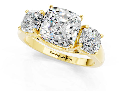 Yellow gold Three-Stone Cushion Cut Moissanite Engagement Ring with Prong Setting_1