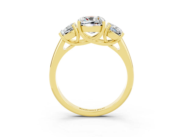 Yellow gold Three-Stone Cushion Cut Moissanite Engagement Ring with Prong Setting