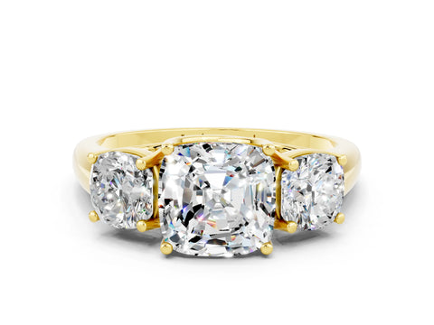Yellow gold Three-Stone Cushion Cut Moissanite Engagement Ring with Prong Setting