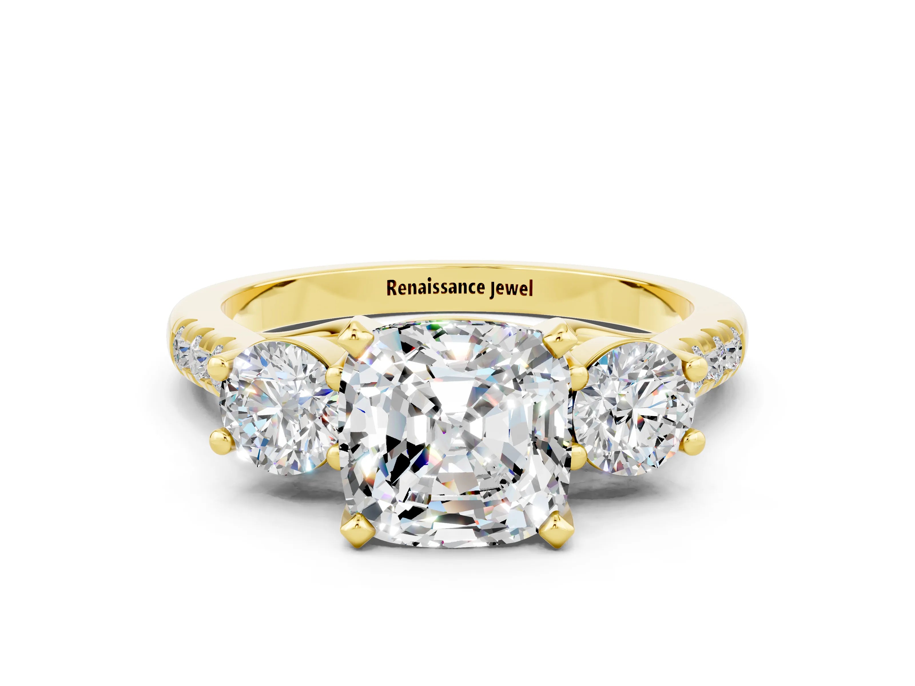 Yellow gold Three-Stone Cushion Cut Moissanite Pavé Band with Four-Prong Setting
