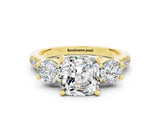 Yellow gold Three-Stone Cushion Cut Moissanite Pavé Band with Four-Prong Setting