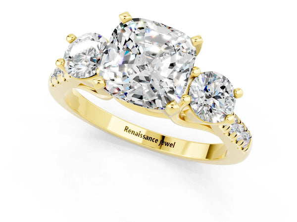 Yellow gold Three-Stone Cushion Cut Moissanite Pavé Band with Four-Prong Setting