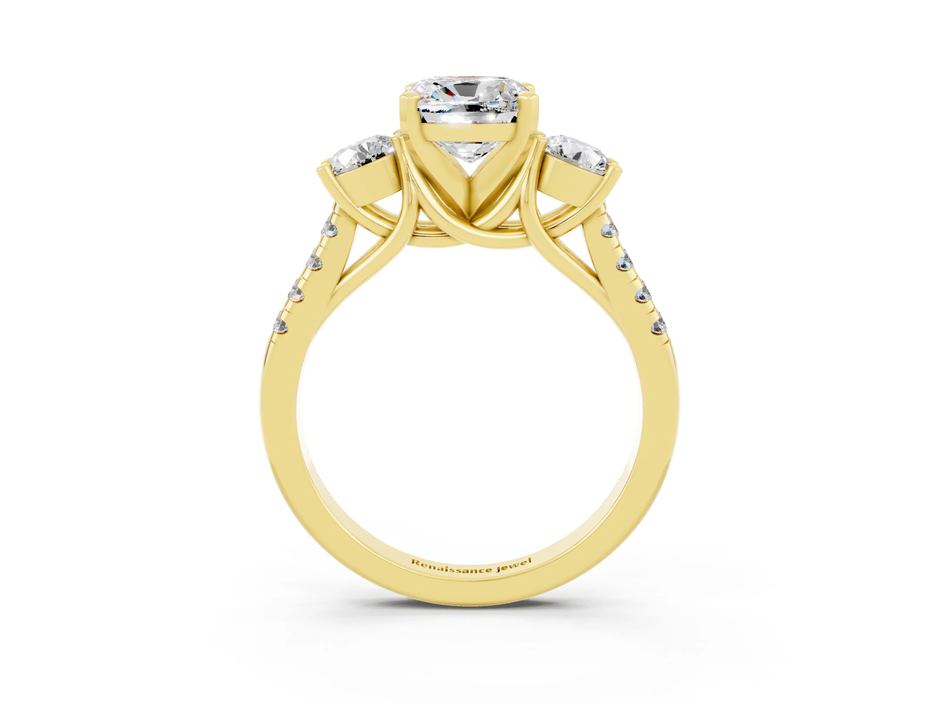 Yellow gold Three-Stone Cushion Cut Moissanite Pavé Band with Four-Prong Setting_3