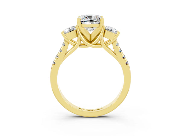 Yellow gold Three-Stone Cushion Cut Moissanite Pavé Band with Four-Prong Setting