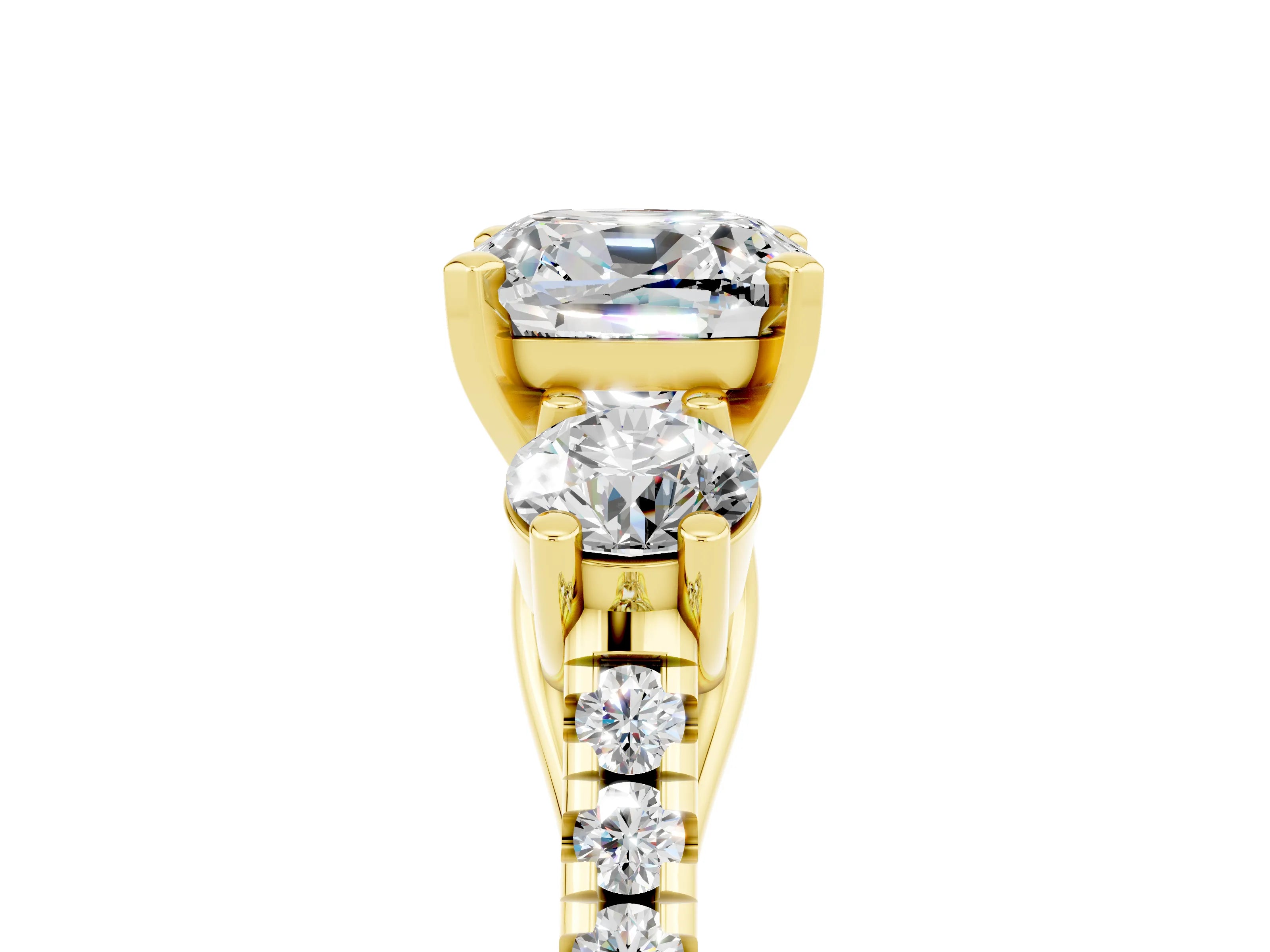 Yellow gold Three-Stone Cushion Cut Moissanite Pavé Band with Four-Prong Setting_5