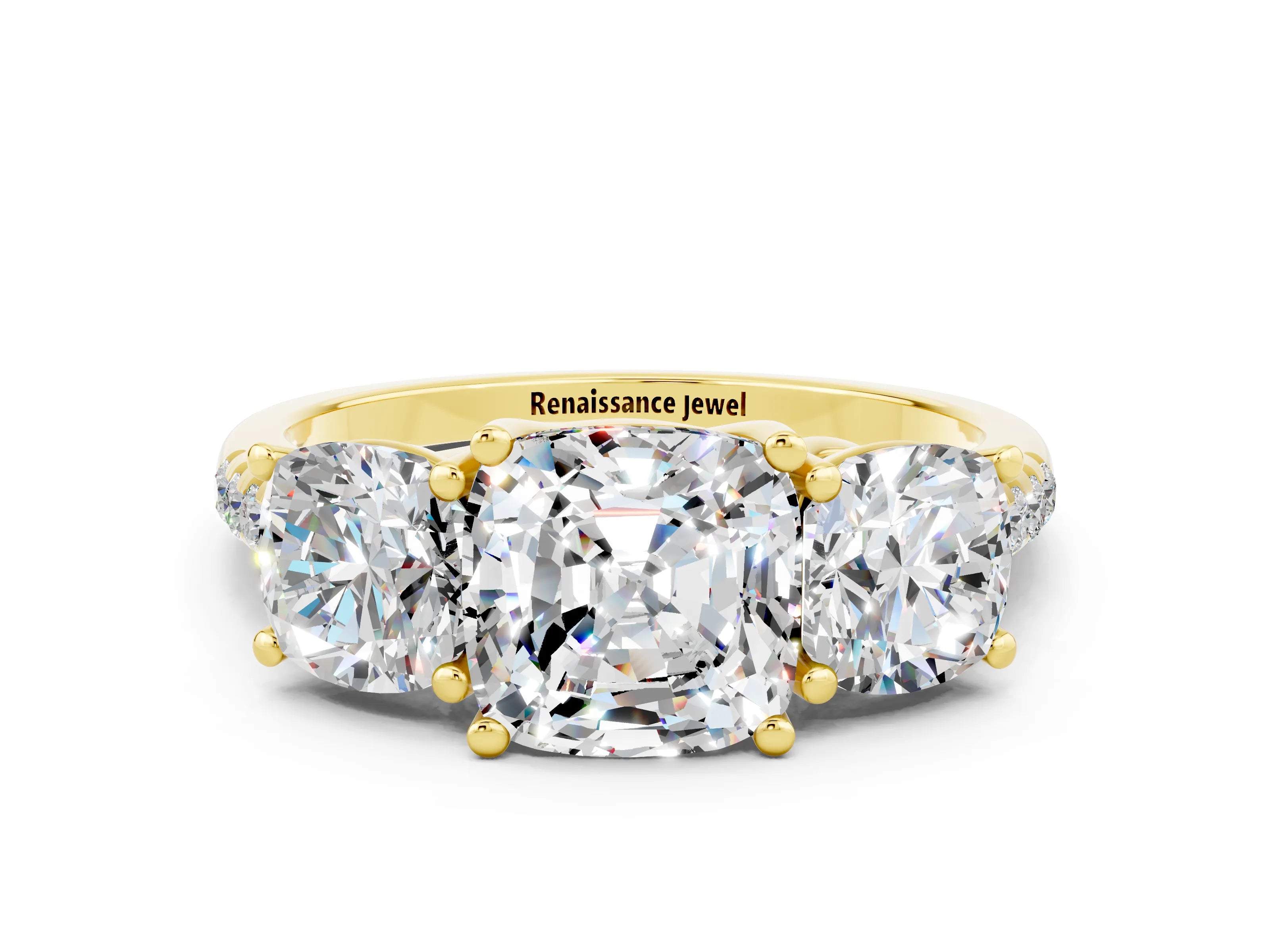 Yellow gold Three-Stone Cushion Cut Moissanite Ring with Pavé Band and Prong Setting_12
