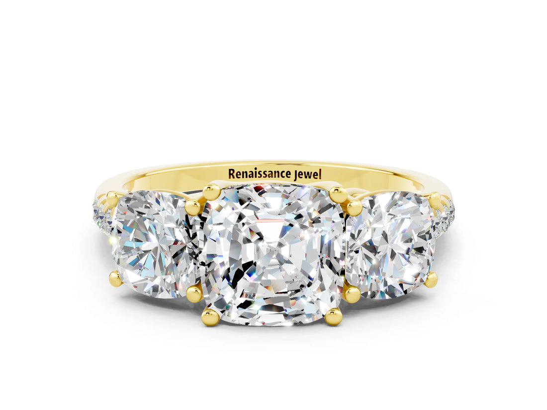 Yellow gold Three-Stone Cushion Cut Moissanite Ring with Pavé Band and Prong Setting_12