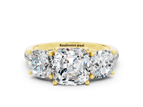 Yellow gold Three-Stone Cushion Cut Moissanite Ring with Pavé Band and Prong Setting_12