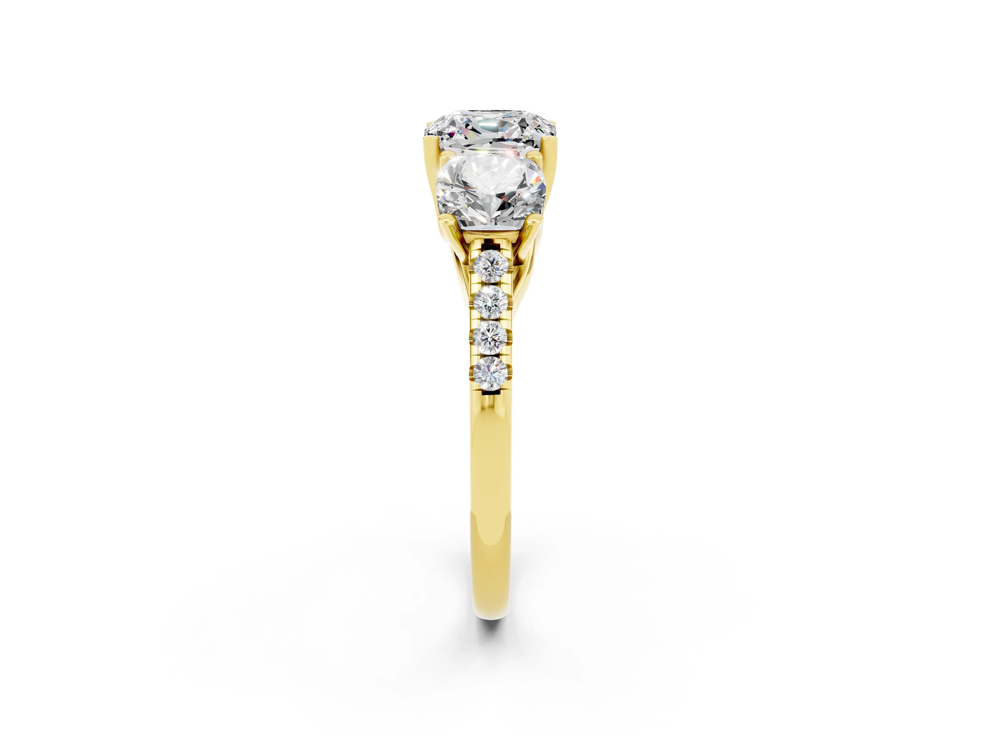 Yellow gold Three-Stone Cushion Cut Moissanite Ring with Pavé Band and Prong Setting_14