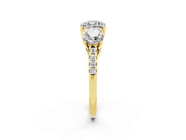 Yellow gold Three-Stone Cushion Cut Moissanite Ring with Round  Pavé Band and Prong Setting