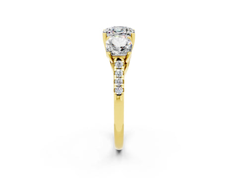 Yellow gold Three-Stone Cushion Cut Moissanite Ring with Pavé Band and Prong Setting_14
