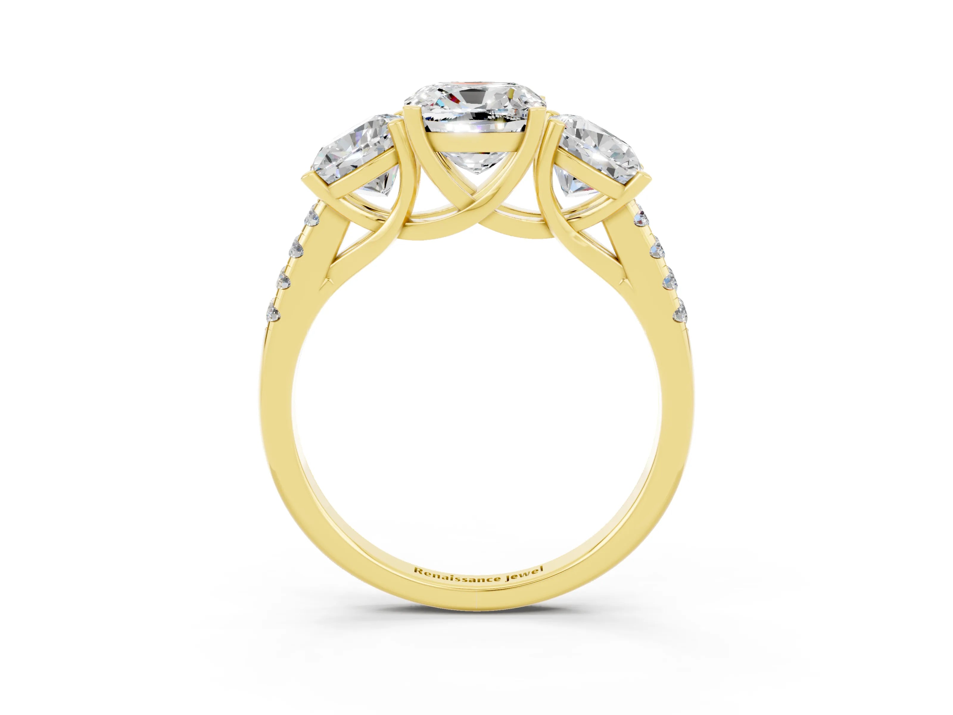 Yellow gold Three-Stone Cushion Cut Moissanite Ring with Pavé Band and Prong Setting_15
