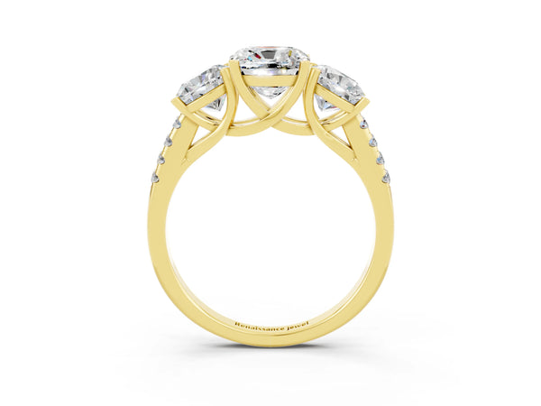 Yellow gold Three-Stone Cushion Cut Moissanite Ring with Round  Pavé Band and Prong Setting
