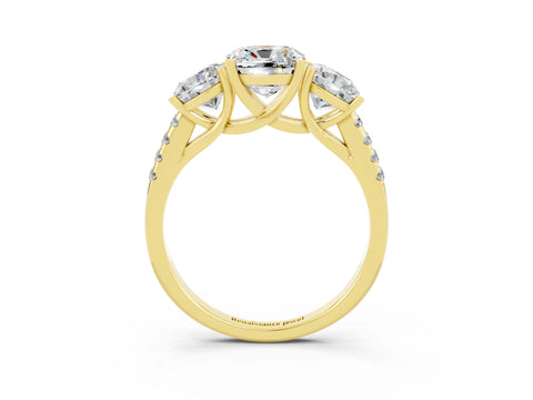 Yellow gold Three-Stone Cushion Cut Moissanite Ring with Pavé Band and Prong Setting_15